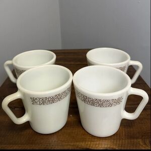 VTG Pyrex Coffee Mugs Woodland #1410 D Handle Milk Glass Brown  Set Of 4